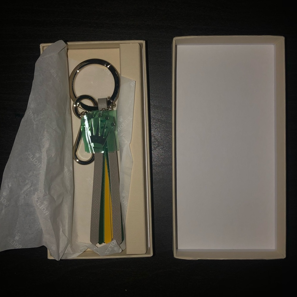 Rolex Logo Key Ring Authentic Rolex Keychain Fringed Leather White and Green New